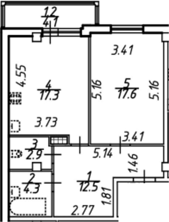 Планировка евродвушка (2Е) 58.6 м² в ЖК «Южная звезда», корпус 1