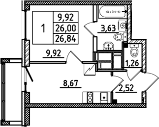 Планировка однокомнатная 26.84 м² в ЖК «Южный Форт», корпус 1