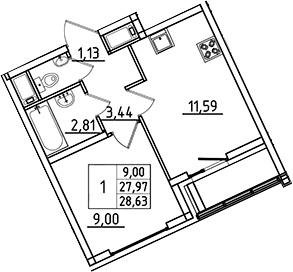 Планировка однокомнатная 28.63 м² в ЖК «Южный Форт», корпус 2