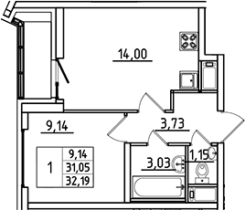 Планировка однокомнатная 32.19 м² в ЖК «Южный Форт», корпус 2