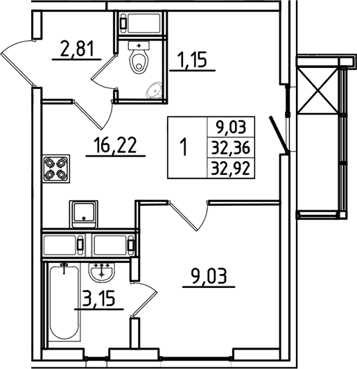 Планировка евродвушка (2Е) 32.92 м² в ЖК «Южный Форт», корпус 2