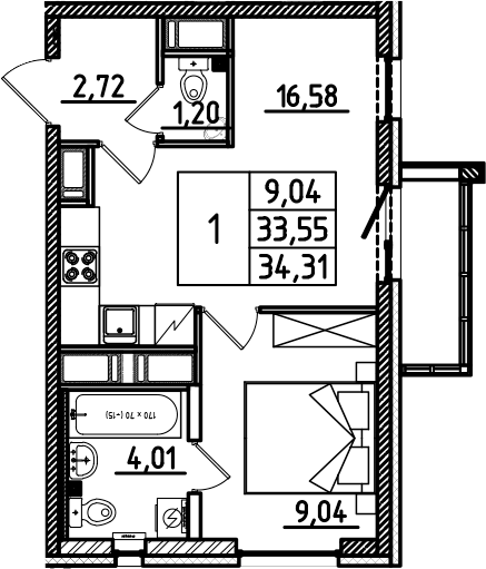 Планировка евродвушка (2Е) 34.31 м² в ЖК «Южный Форт», корпус 1