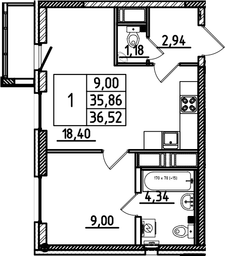 Планировка евродвушка (2Е) 36.52 м² в ЖК «Южный Форт», корпус 1