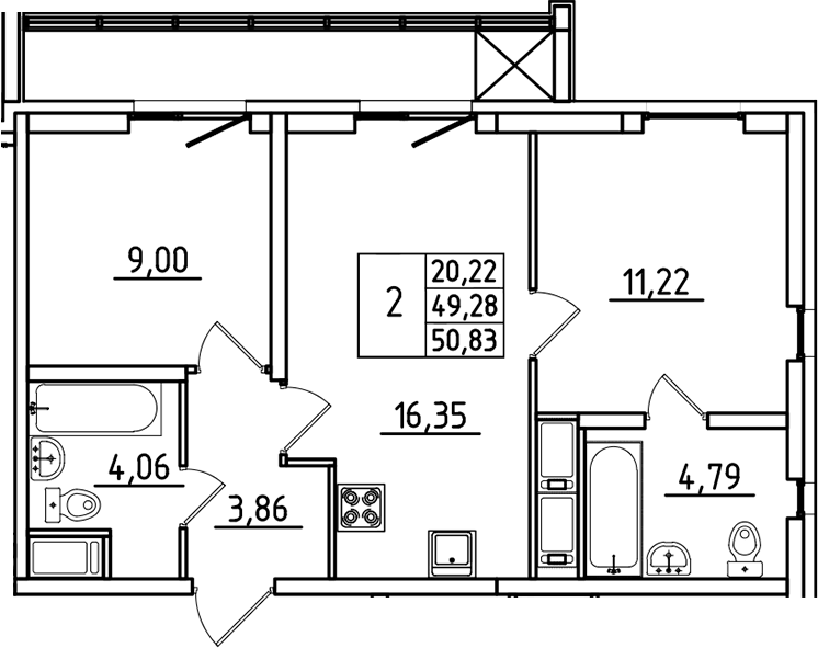 Планировка евротрёшка (3Е) 50.83 м² в ЖК «Южный Форт», корпус 2