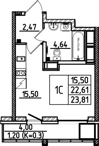 Планировка Студии 23.81 м² в ЖК «Южный Форт», корпус 1