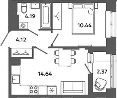 Планировка однокомнатная 34.57 м² в ЖК «Загляденье», корпус 6.6