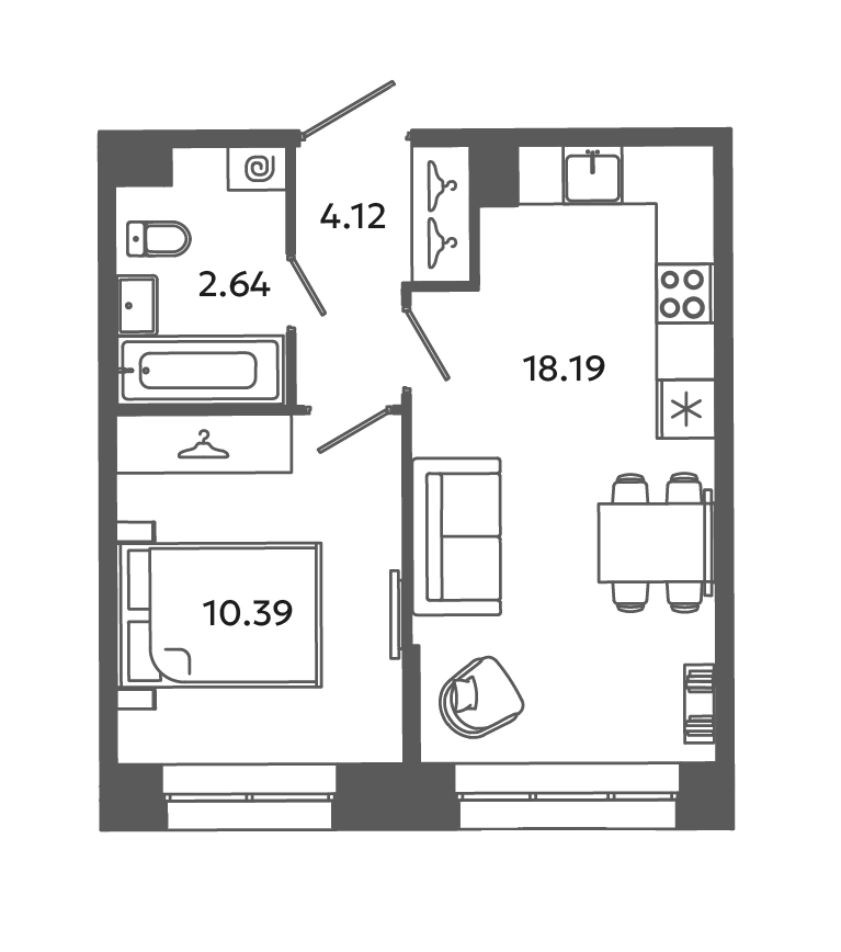 Планировка евродвушка (2Е) 37.35 м² в ЖК «Загляденье», корпус 6.6