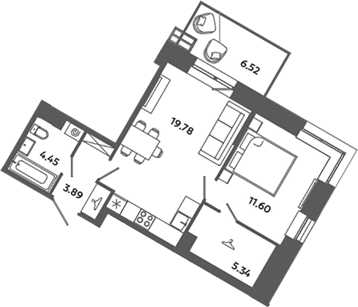 Планировка евродвушка (2Е) 47.02 м² в ЖК «Загляденье», корпус 6.6
