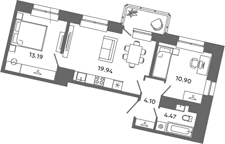 Планировка евротрёшка (3Е) 53.75 м² в ЖК «Загляденье», корпус 6.7