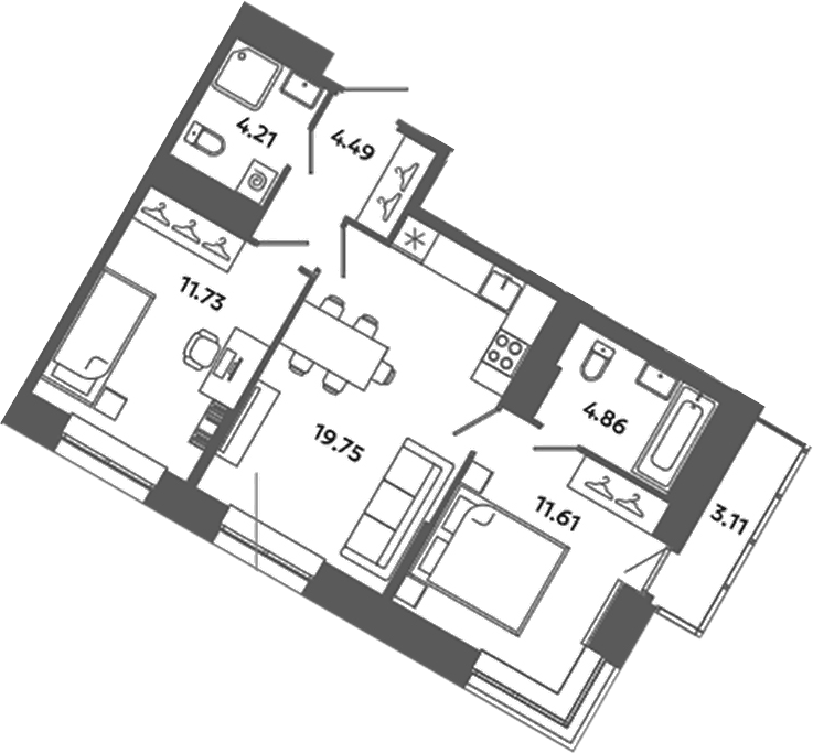 Планировка евротрёшка (3Е) 57.58 м² в ЖК «Загляденье», корпус 6.6
