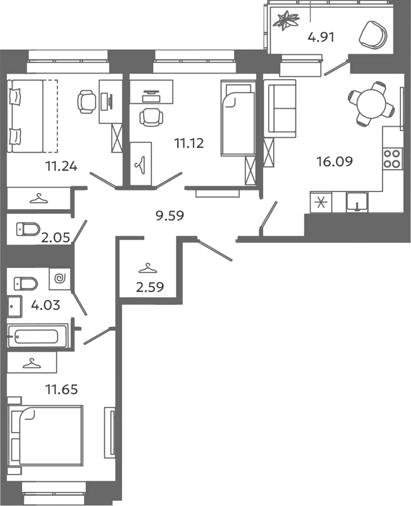Планировка евро-4 (4Е) 70.92 м² в ЖК «Загляденье», корпус 6.7