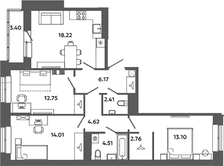 Планировка евро-4 (4Е) 79.57 м² в ЖК «Загляденье», корпус 6.6