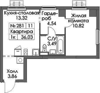 Планировка однокомнатная 36.03 м² в ЖК «Заречный парк», корпус 5