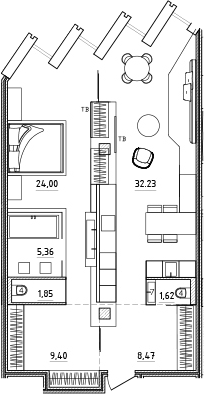 Планировка евродвушка (2Е) 82.93 м² в ЖК «Zen», корпус 1