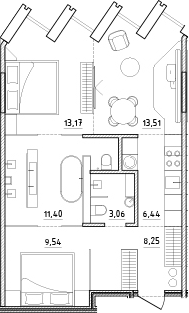 Планировка евротрёшка (3Е) 65.37 м² в ЖК «Zen», корпус 1