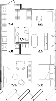 Планировка евротрёшка (3Е) 69.48 м² в ЖК «Zen», корпус 1