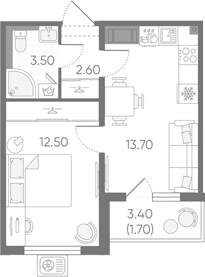 Планировка однокомнатная 34 м² в ЖК «Зеркальный ручей», корпус 6