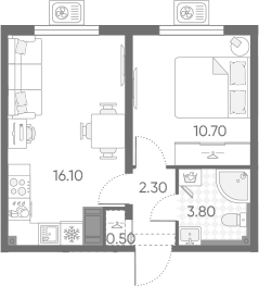 Планировка евродвушка (2Е) 33.4 м² в ЖК «Зеркальный ручей», корпус 5