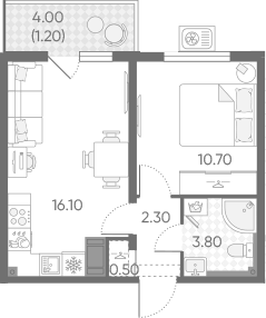 Планировка евродвушка (2Е) 34.6 м² в ЖК «Зеркальный ручей», корпус 5