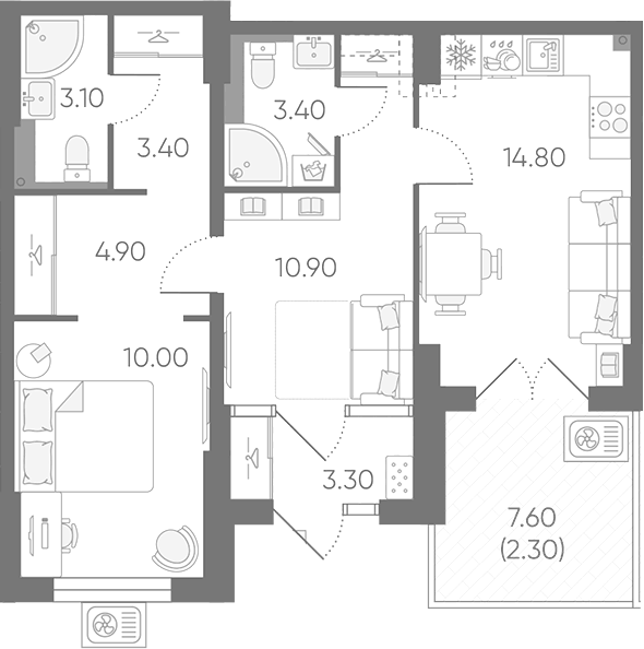 Планировка двухкомнатная 56.1 м² в ЖК «Зеркальный ручей», корпус 6