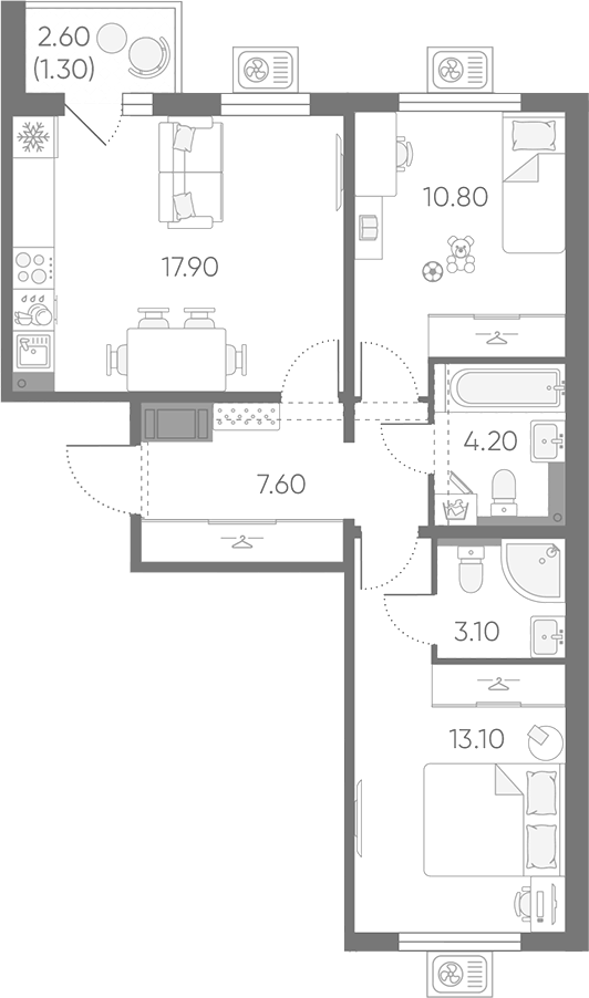 Планировка евротрёшка (3Е) 58 м² в ЖК «Зеркальный ручей», корпус 6