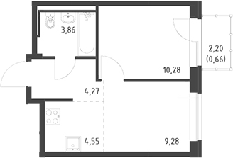 Планировка евродвушка (2Е) 32.9 м² в ЖК «Живи! В Рыбацком», корпус 6-7