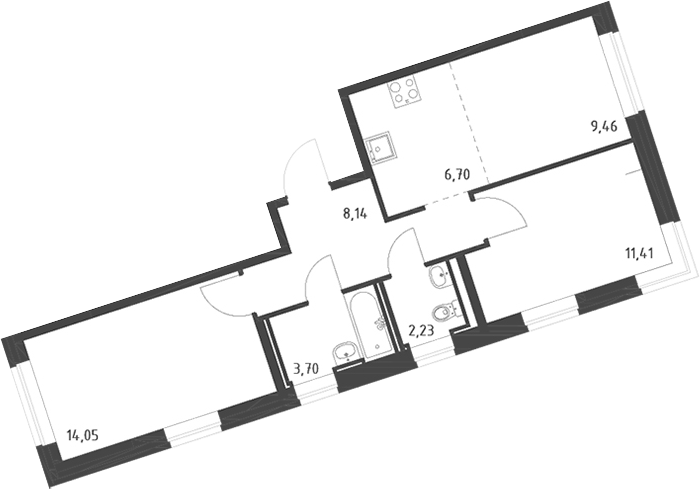 Планировка евротрёшка (3Е) 55.69 м² в ЖК «Живи! В Рыбацком», корпус 6-7
