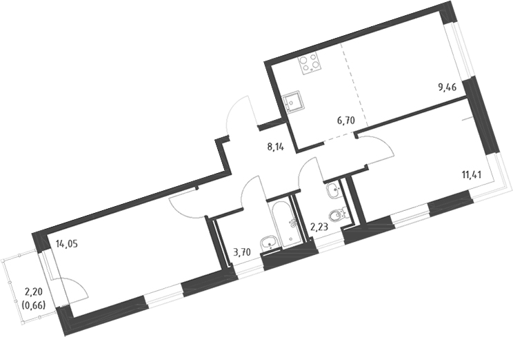 Планировка евротрёшка (3Е) 56.35 м² в ЖК «Живи! В Рыбацком», корпус 6-7