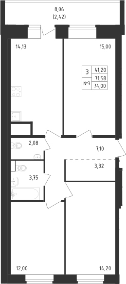 Планировка трёхкомнатная 74 м² в ЖК «Живи! В Рыбацком», корпус 39