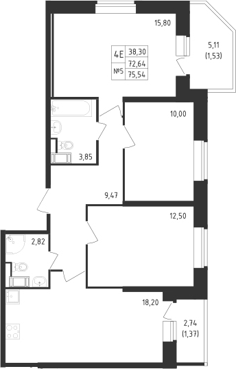 Планировка евро-4 (4Е) 75.54 м² в ЖК «Живи! В Рыбацком», корпус 39