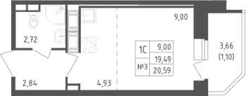 Планировка Студии 20.59 м² в ЖК «Живи! В Рыбацком», корпус 39