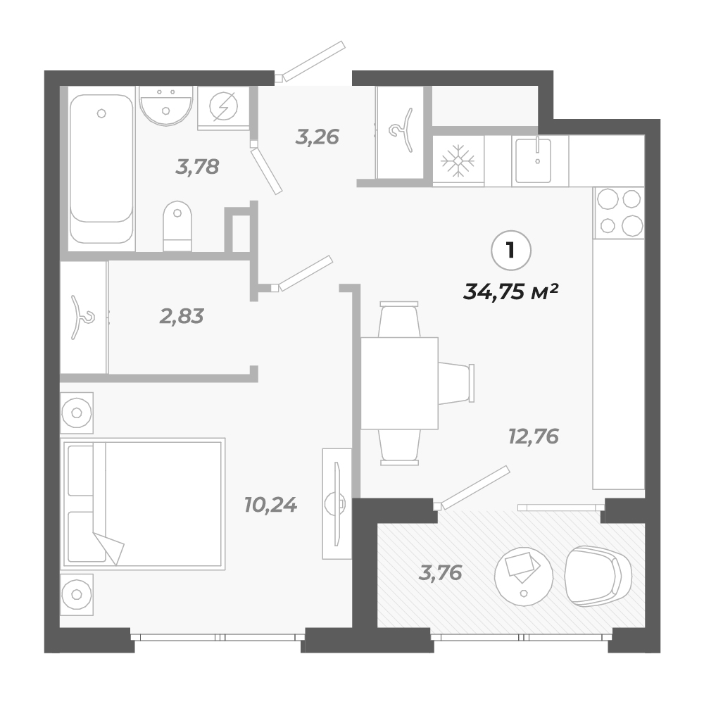 Планировка однокомнатная 34.75 м² в ЖК «Знатный», корпус 1