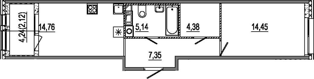 Планировка однокомнатная 48.2 м² в ЖК «Знатный», корпус 1