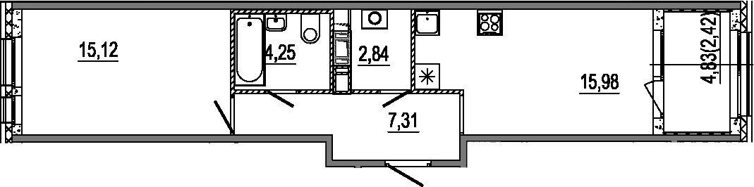 Планировка евродвушка (2Е) 47.92 м² в ЖК «Знатный», корпус 1