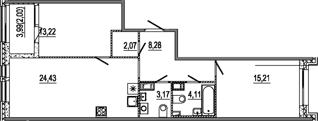 Планировка евротрёшка (3Е) 72.49 м² в ЖК «Знатный», корпус 1