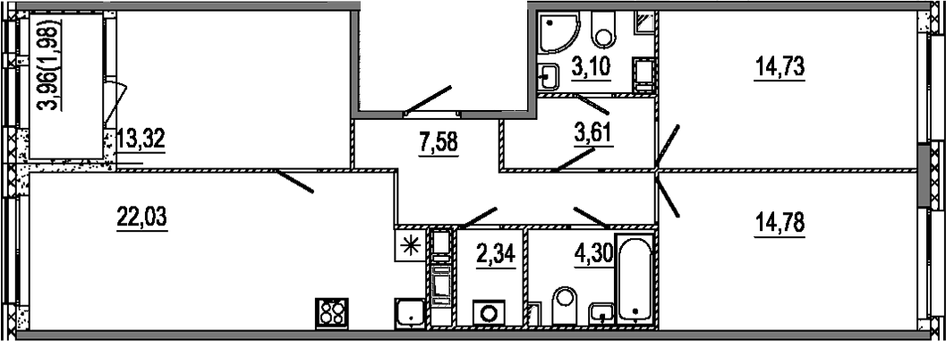 Планировка евро-4 (4Е) 87.77 м² в ЖК «Знатный», корпус 1