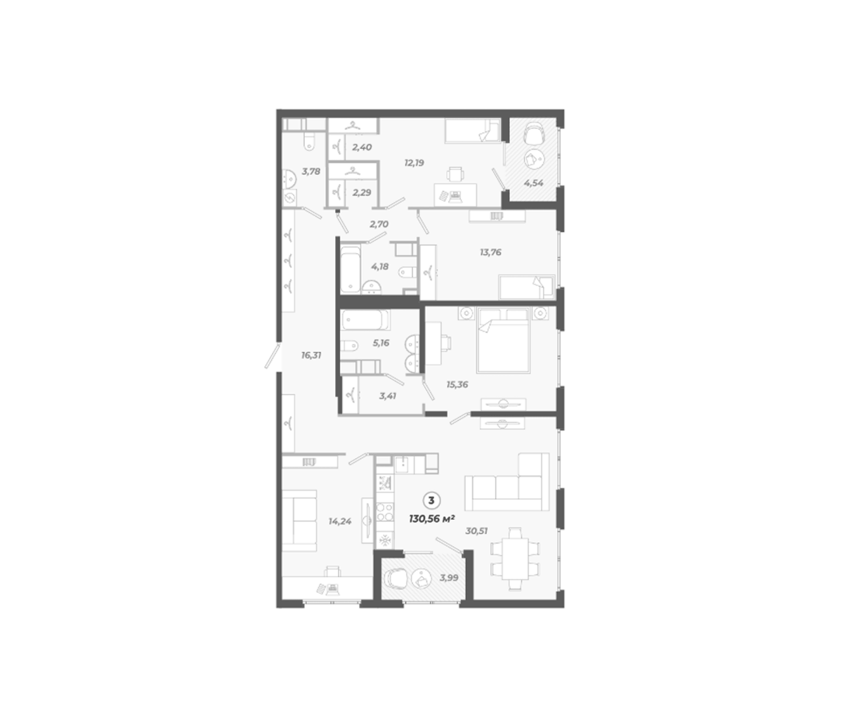 Планировка 5Е-к.кв 130.56 м² в ЖК «Знатный», корпус 1
