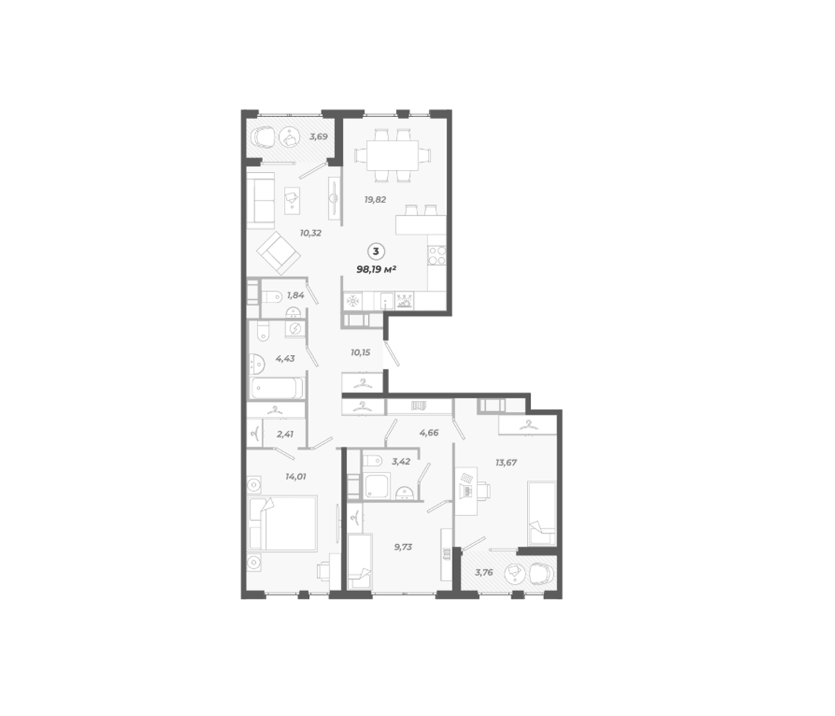 Планировка 5Е-к.кв 98.19 м² в ЖК «Знатный», корпус 1