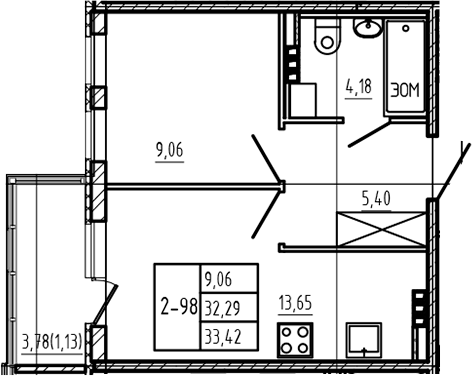 Планировка однокомнатная 33.42 м² в ЖК «Новая история», корпус 8.2