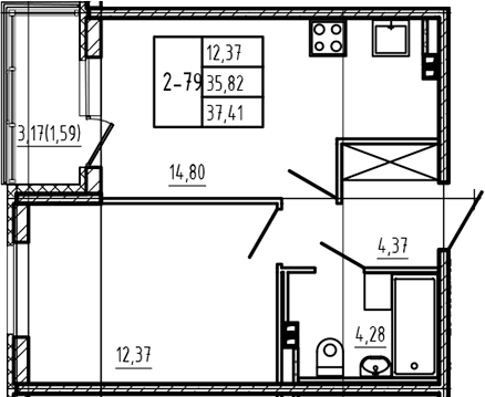 Планировка однокомнатная 37.41 м² в ЖК «Новая история», корпус 8.2