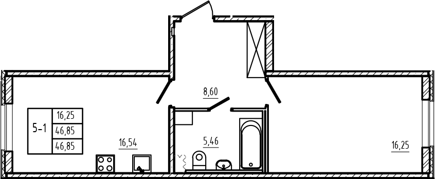 Планировка евродвушка (2Е) 46.85 м² в ЖК «Новая история», корпус 9.5
