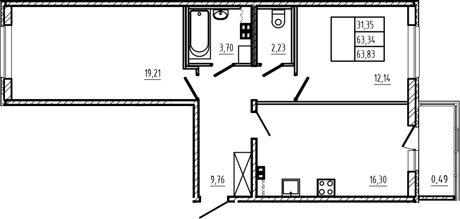 Планировка евротрёшка (3Е) 63.83 м² в ЖК «Новая история», корпус 9.6