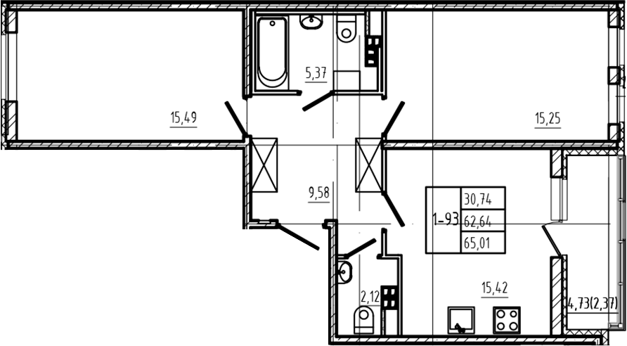 Планировка евротрёшка (3Е) 65.01 м² в ЖК «Новая история», корпус 8.1