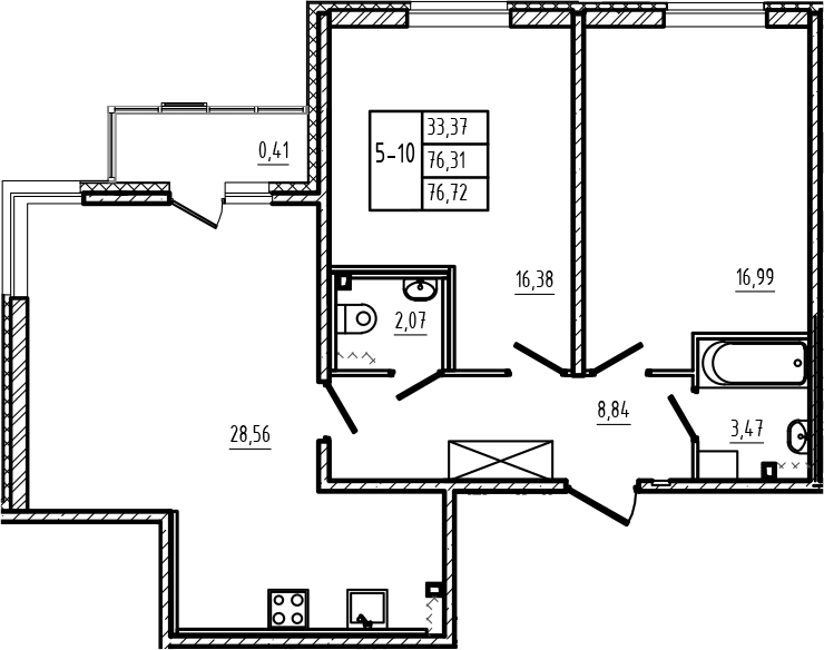 Планировка евротрёшка (3Е) 76.72 м² в ЖК «Новая история», корпус 9.5