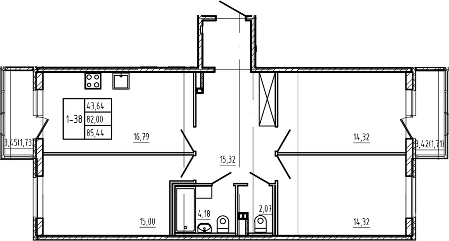 Планировка евро-4 (4Е) 85.44 м² в ЖК «Новая история», корпус 8.1