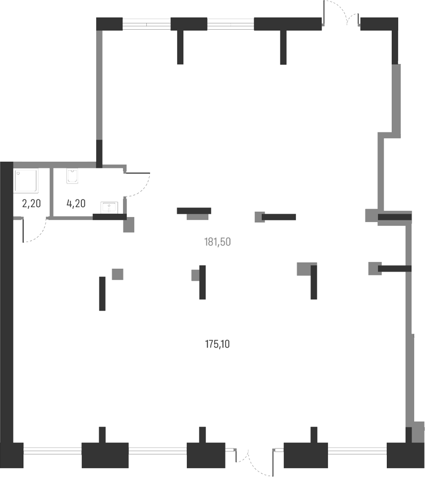 181,5 м², 1 этаж, корпус 19.2. Большой зал с вход слева-снизу и дверью в верхней части, два санузла 2,2 и 4,2 м² слева,
