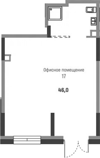 46 м², 1 этаж, корпус 19.5. Компактный зал почти квадратной формы с входной группой и окном в нижней части чертежа, сану