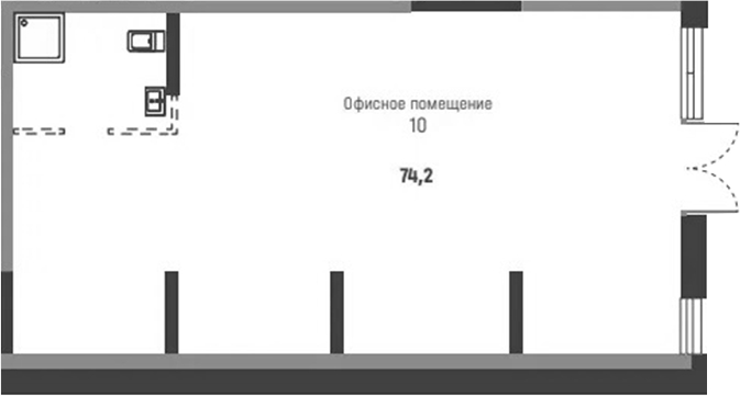 74,2 м², 1 этаж, корпус 19.5. Вытянутый зал, вход через двойную дверь на короткой стороне справа, окна рядом с входом, т