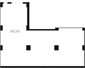 238,8 м², -1 этаж, корпус 1. Г-образное помещение: узкая часть слева сверху и широкий зал справа и снизу с крупными коло