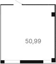 50 м², 5 этаж, корпус 1. Почти квадратная коробка, вход сверху слева, две колонны в правом верхнем и нижнем углах, внизу